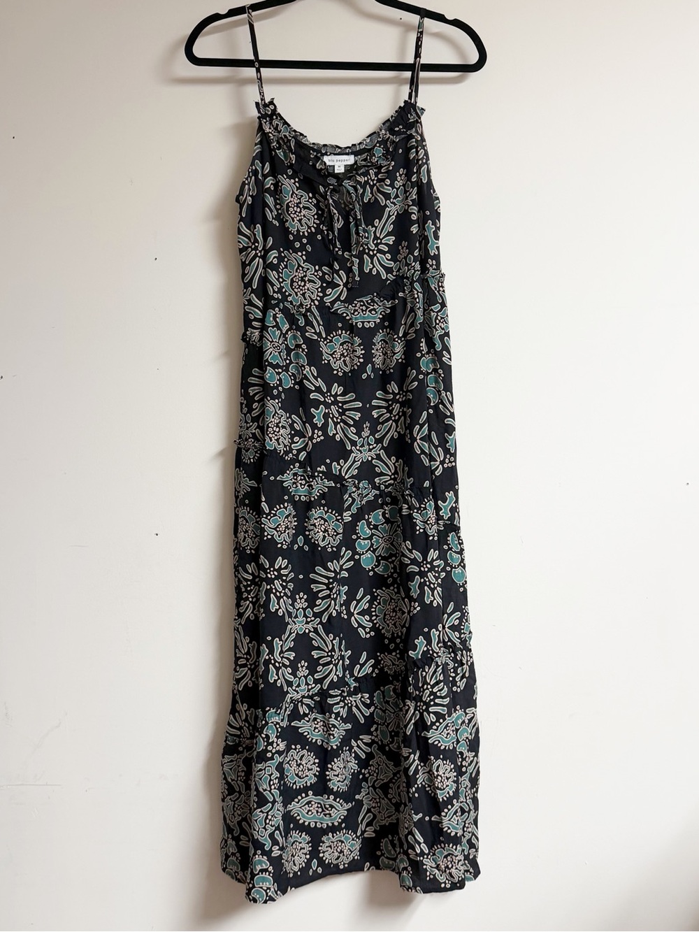 Blu Pepper Black Maxi Dress with Teal and White Floral Print Size Medium